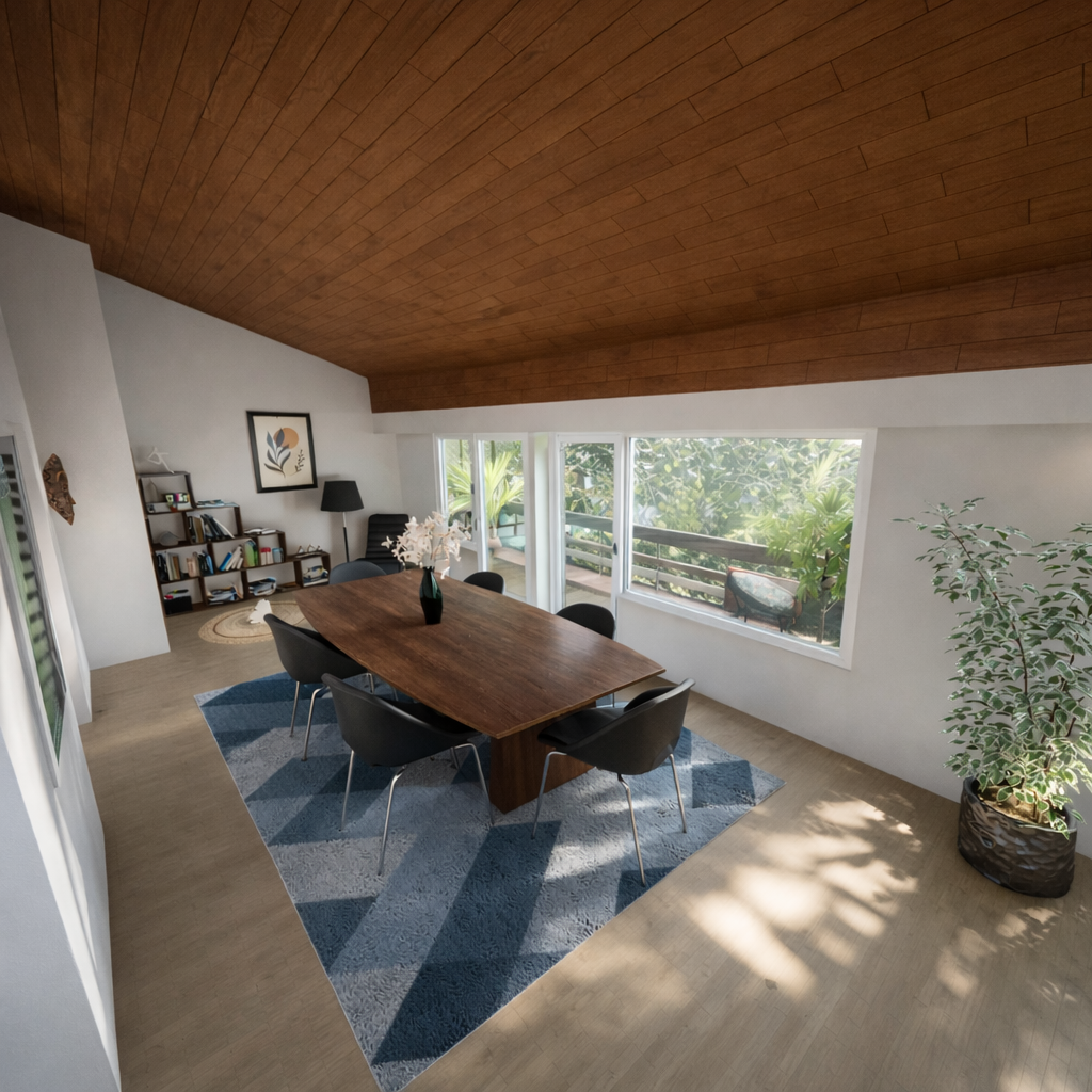 Esszimmer mit Holzdecke und Gartenblick