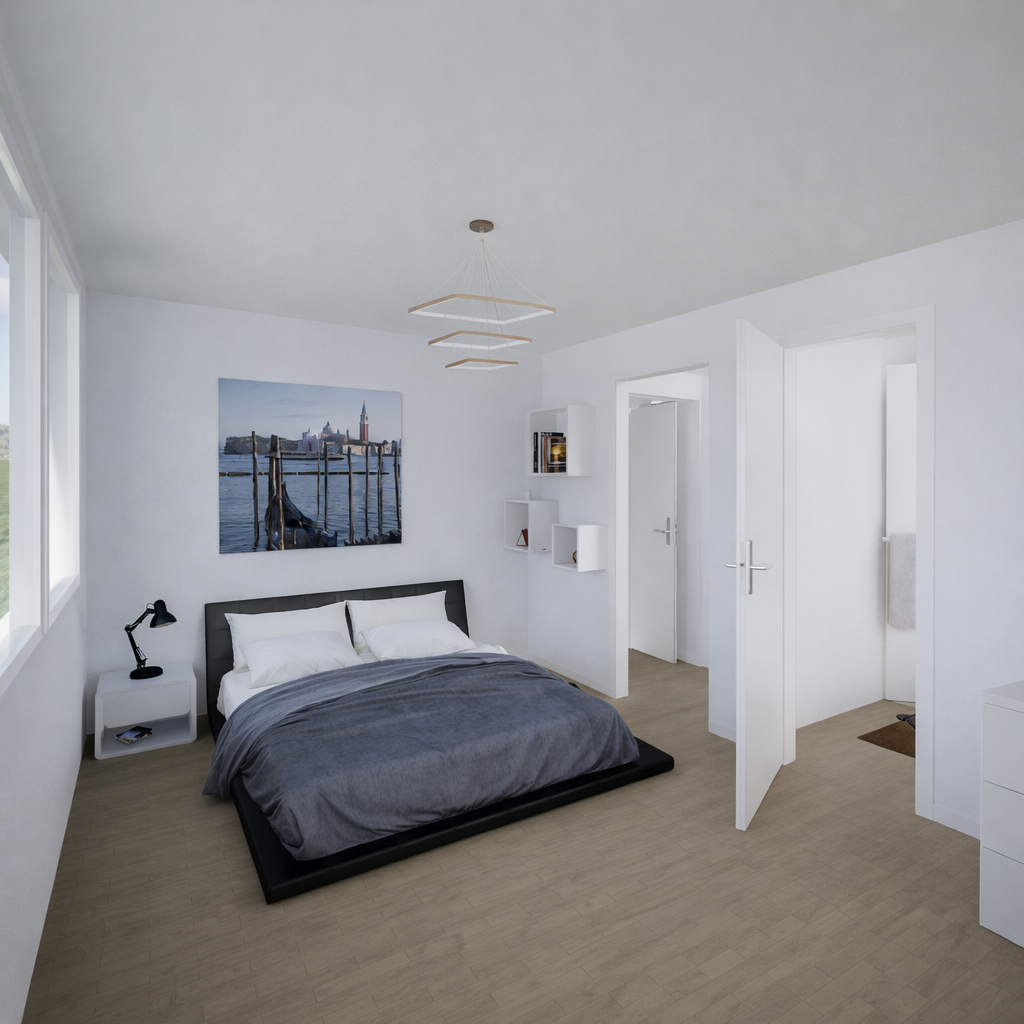 Helles Schlafzimmer mit minimalistischer Einrichtung