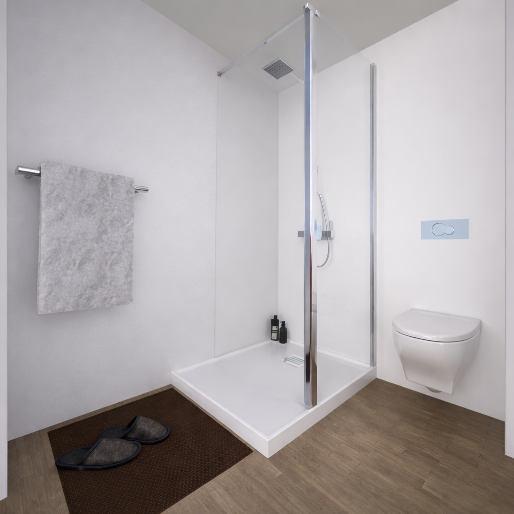 Modernes Badezimmer mit bodengleicher Dusche und Wand-WC