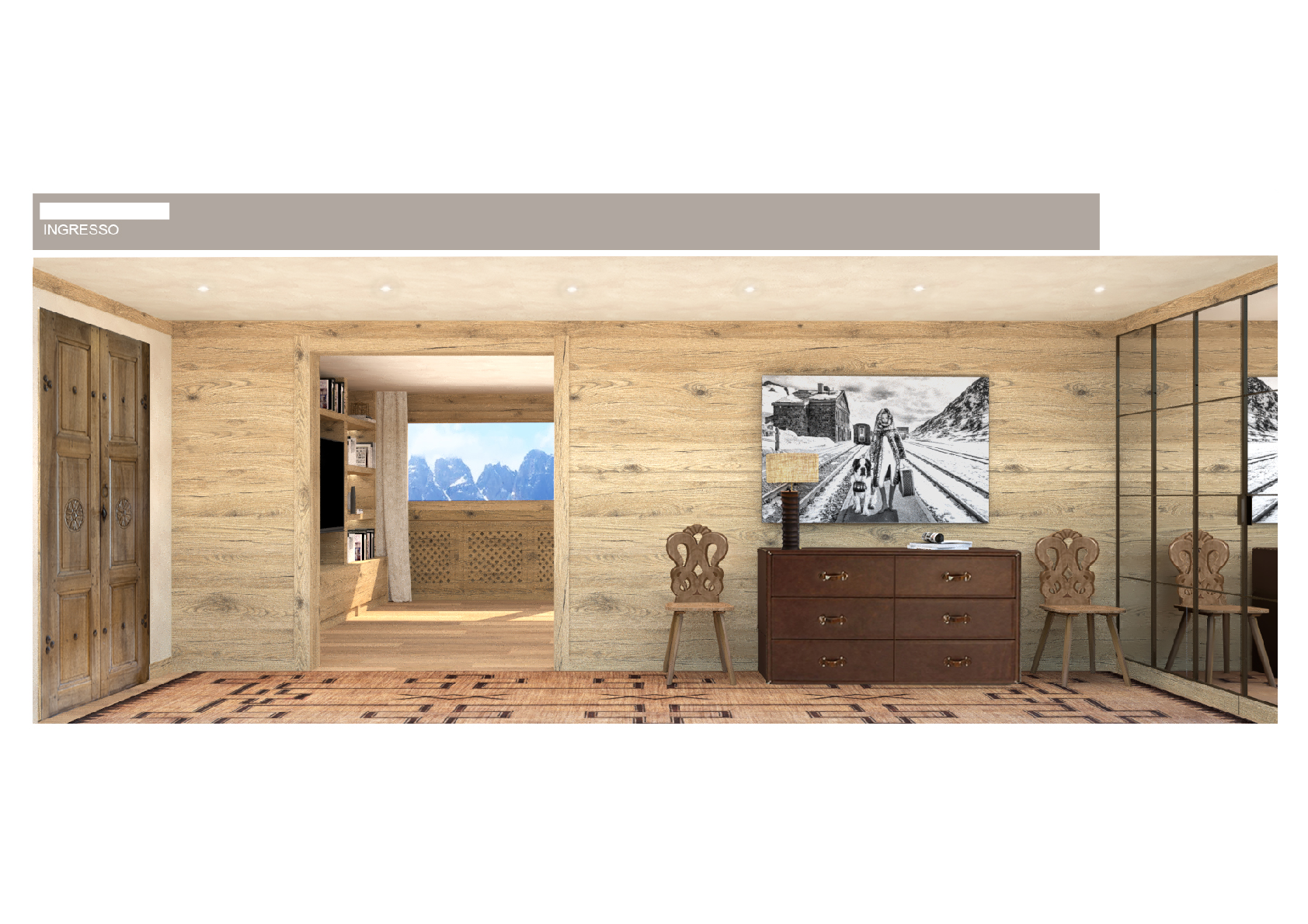 Eingangsbereich mit Holzoptik und Spiegelwand