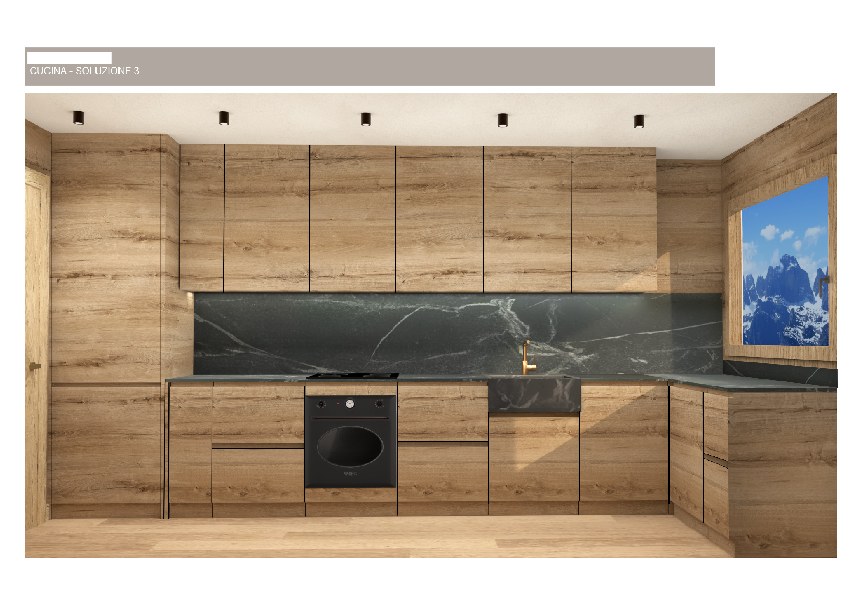 Moderne Küche mit Holzoptik und dunklem Spritzschutz
