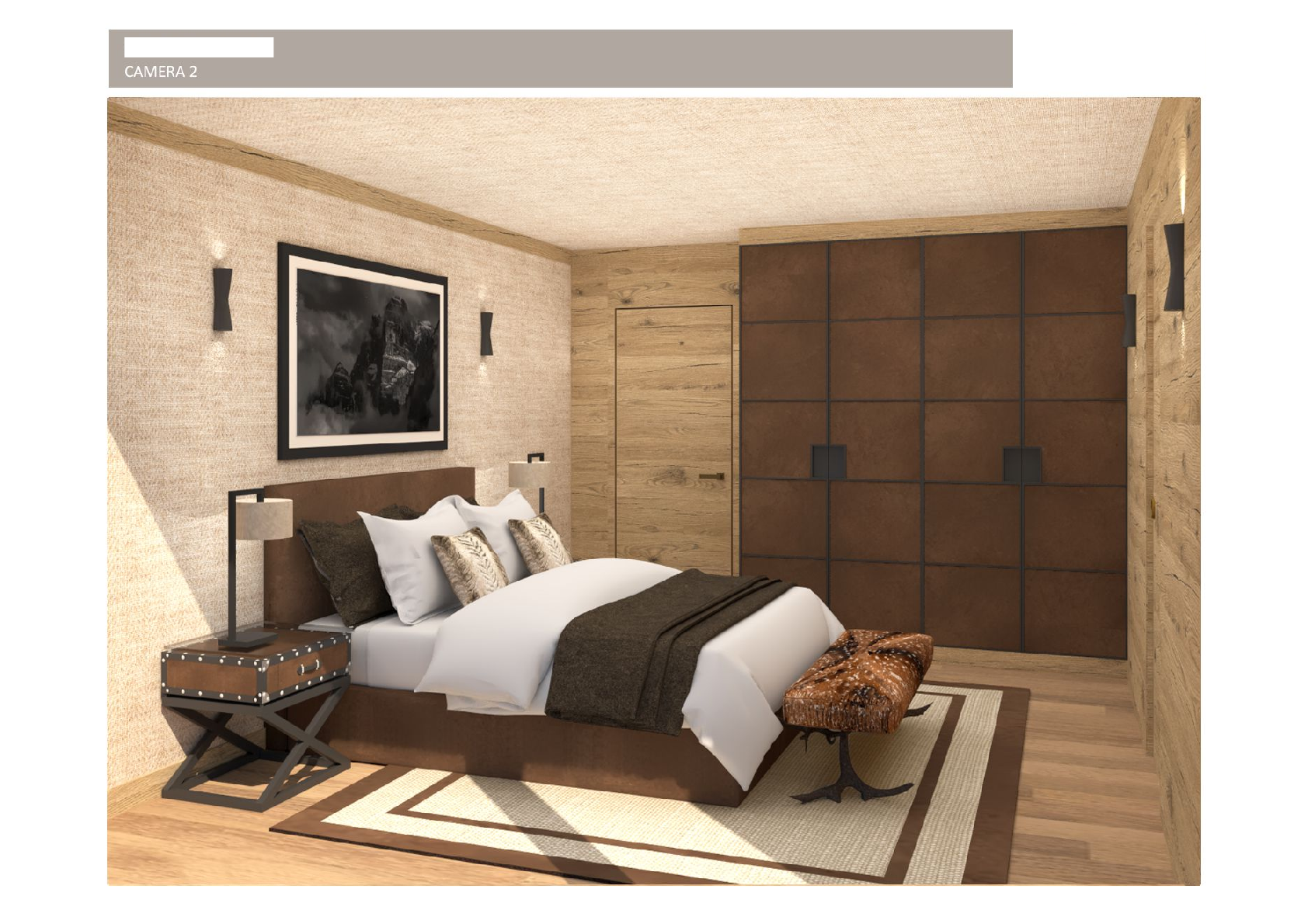 Schlafzimmer mit warmem Holz- und Braunkonzept