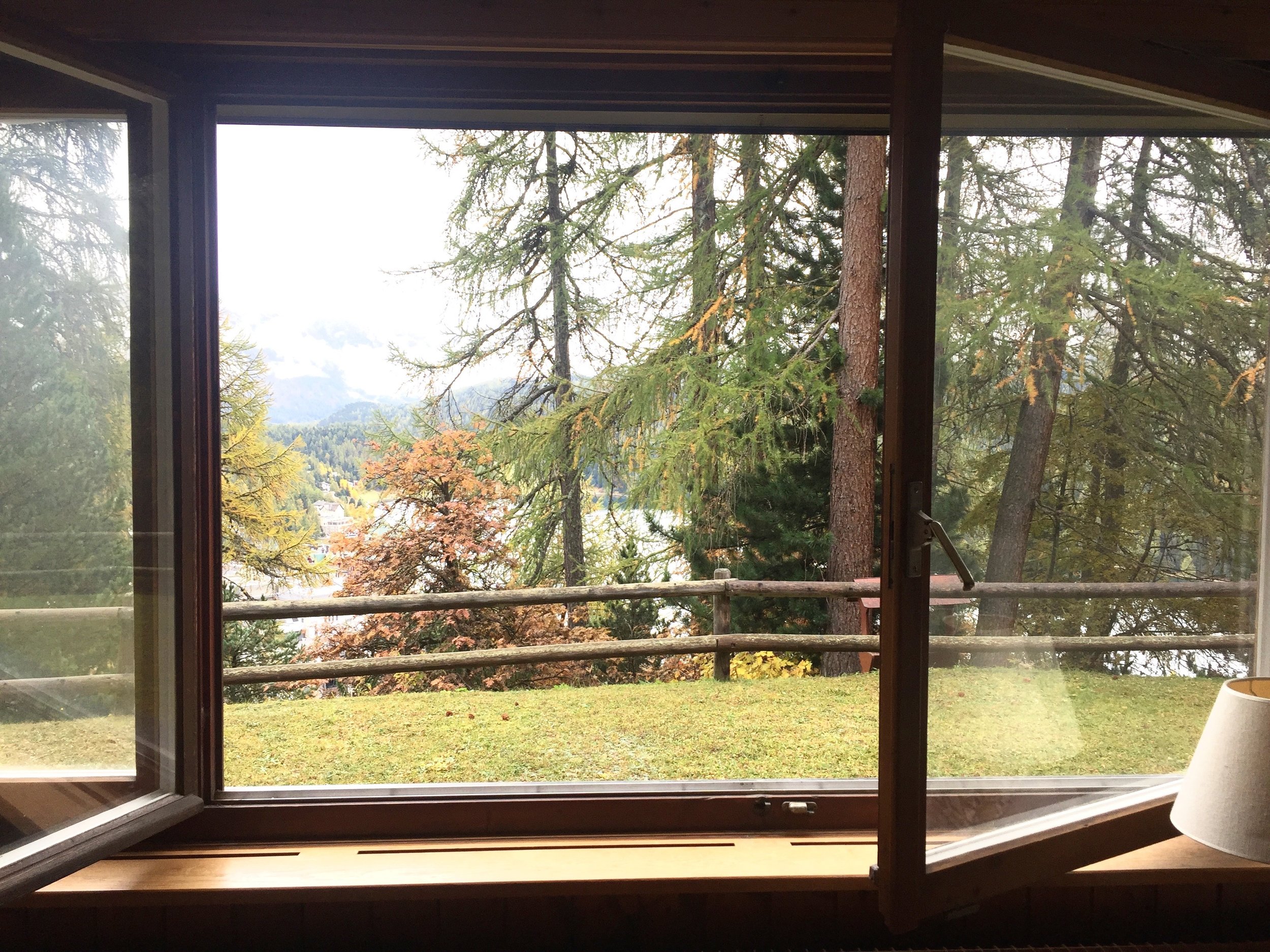 Große Fensterfront mit Berg- und Waldblick