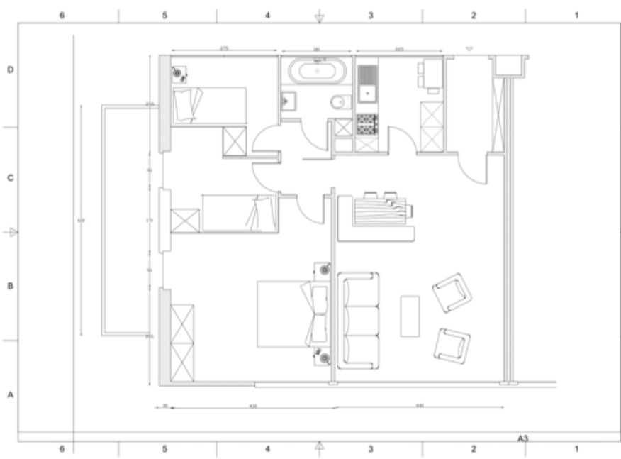 Grundriss einer Wohnung mit Schlafzimmer, Badezimmer und Wohnbereich