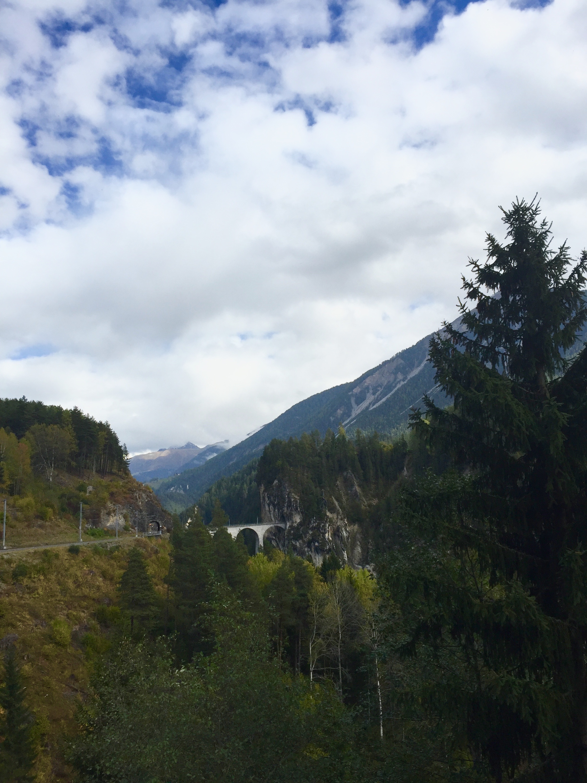 Alpenlandschaft mit Tal und Brücke