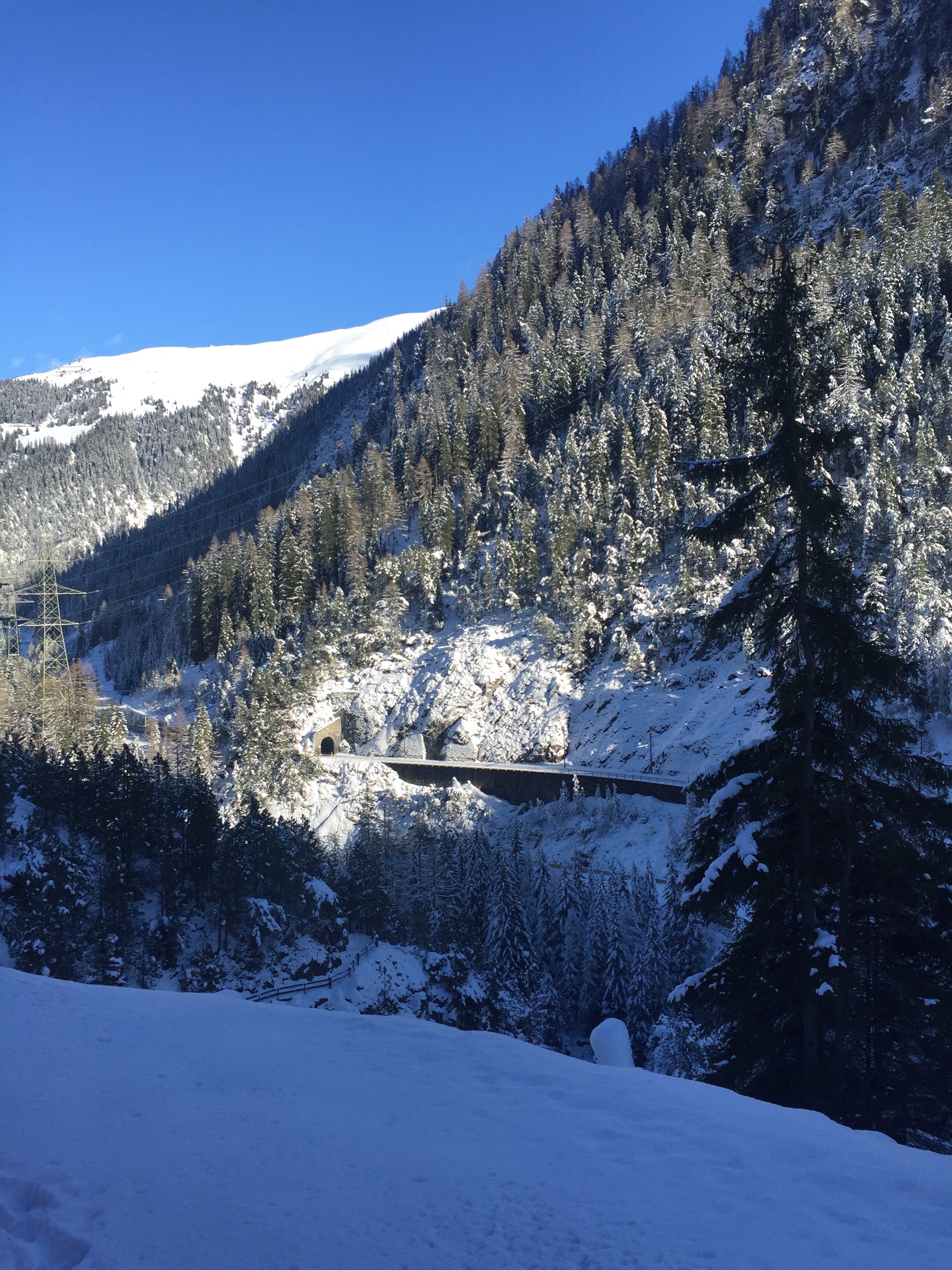 Verschneites Bergtal mit Wald und Straße
