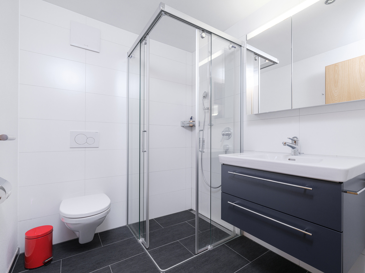 Modernes Badezimmer mit Glasdusche und dunklem Waschtisch