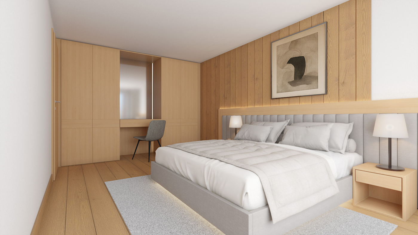 Modernes Schlafzimmer mit Holzverkleidung