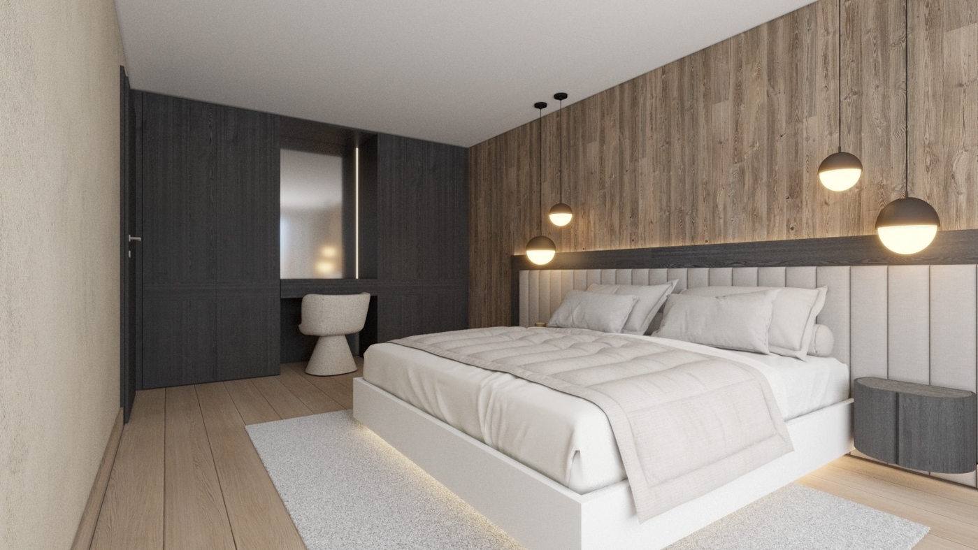 Modernes Schlafzimmer mit warmen Holz- und Grautönen