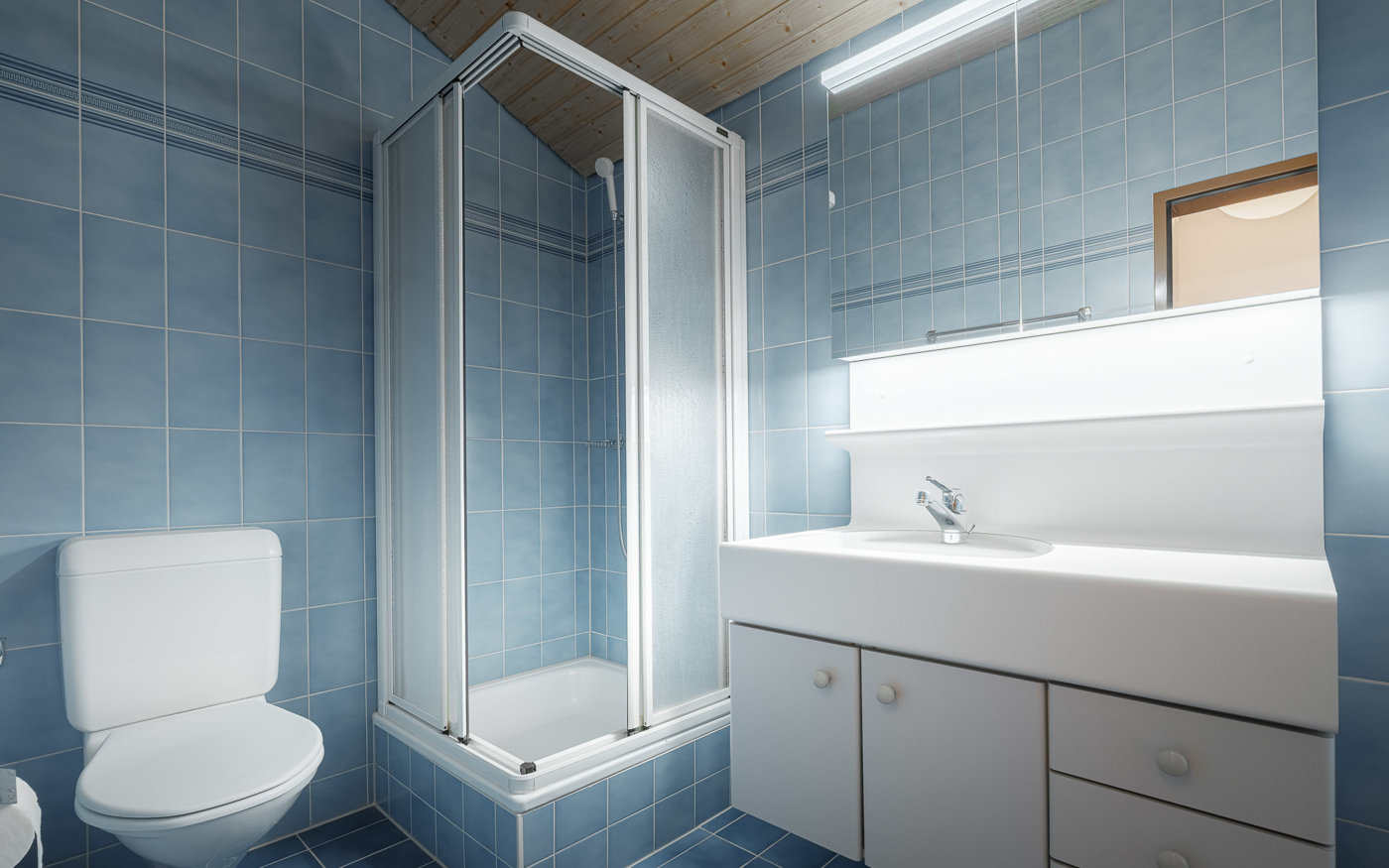 Blau gefliestes Badezimmer mit Dusche und WC