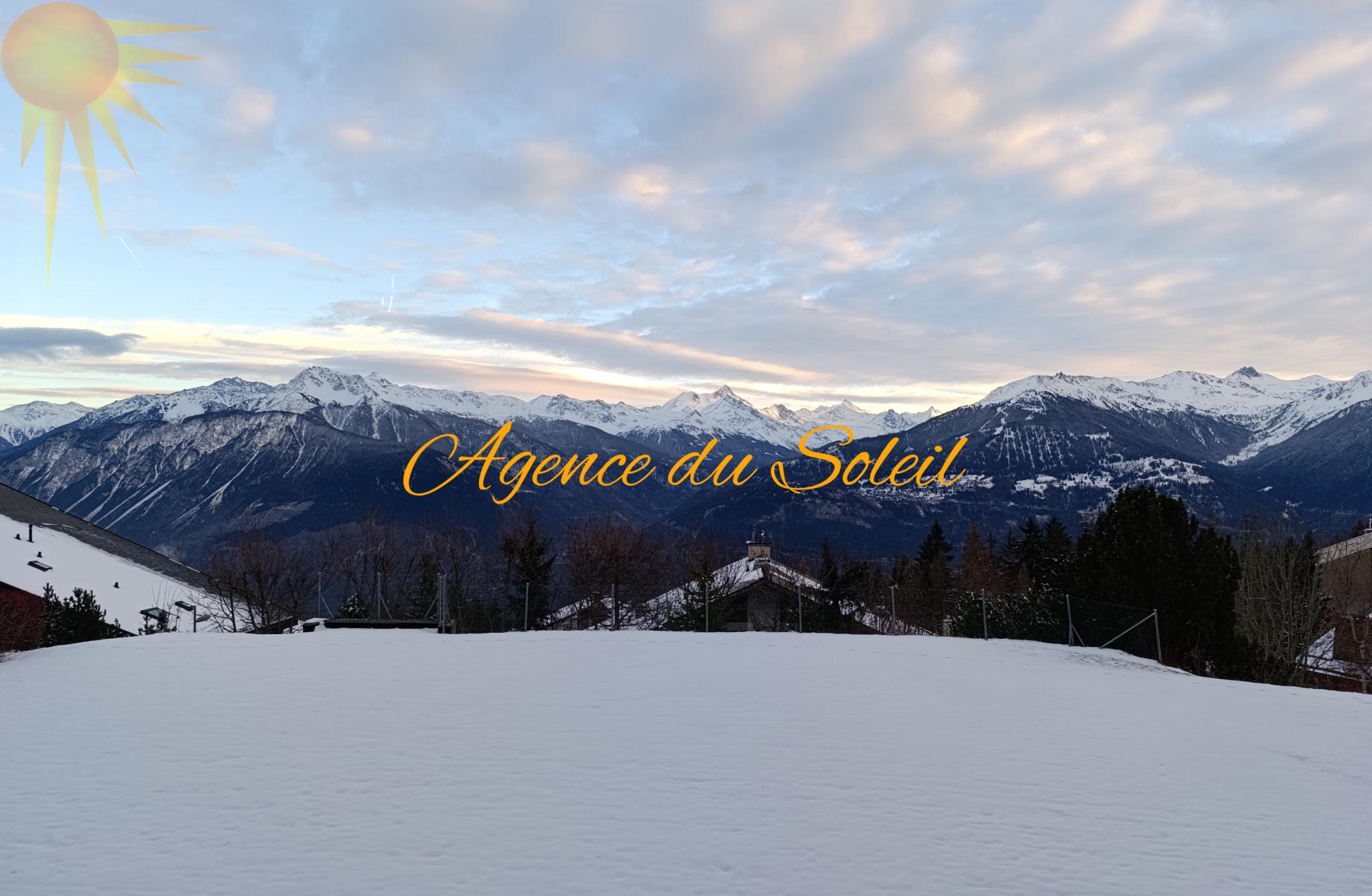 Schneebedecktes Bergpanorama mit Immobilien-Branding