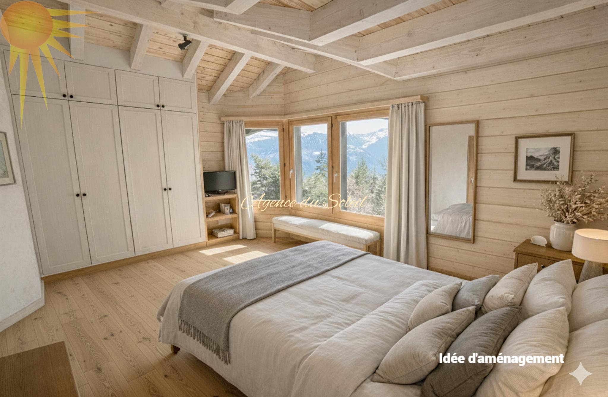 Helles Schlafzimmer im Chalet-Stil mit Bergblick