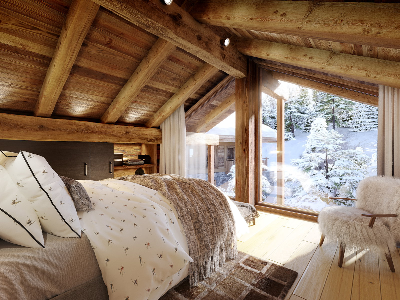 Gemütliches Chalet-Schlafzimmer mit Bergblick