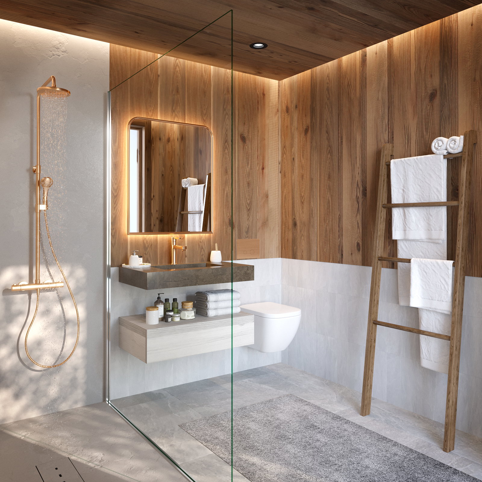 Modernes Badezimmer mit Holzverkleidung und Walk-in-Dusche