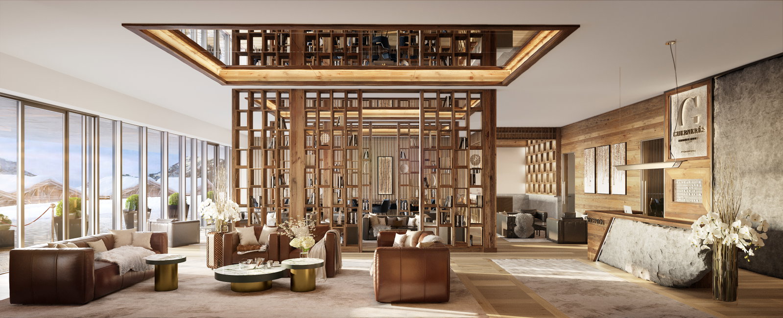 Luxuriöse Lounge mit Holzkonstruktion
