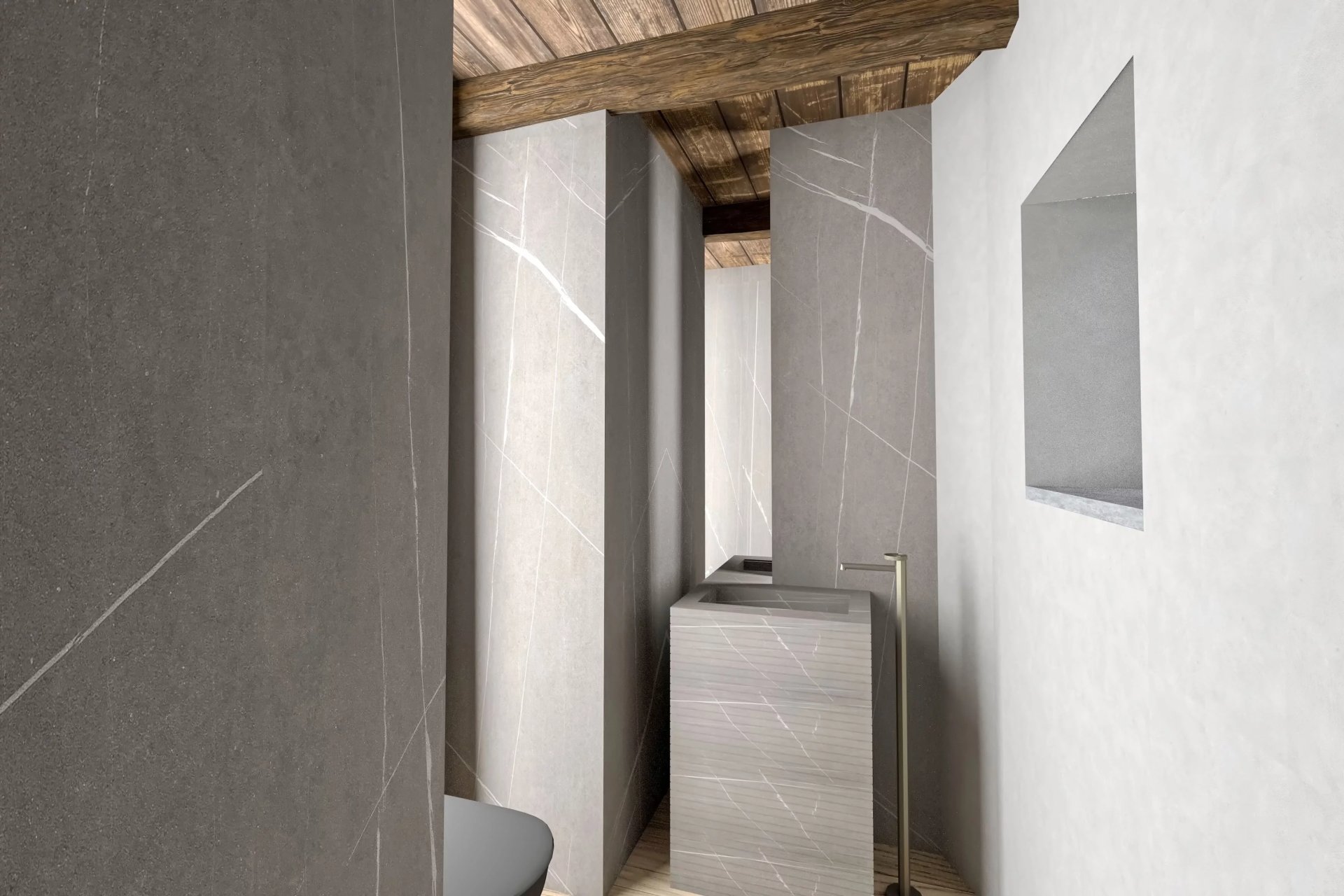 Modernes Badezimmer mit Naturstein und Holzdecke