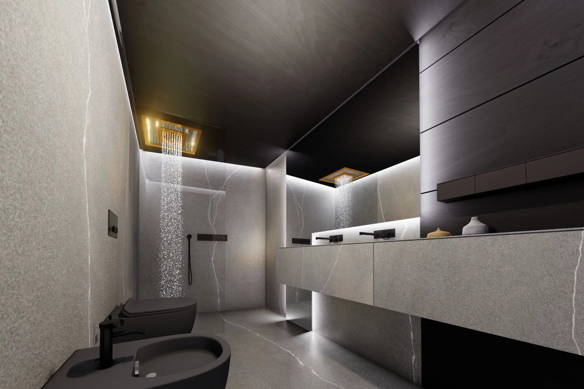 Modernes Badezimmer mit dunkler Luxusausstattung