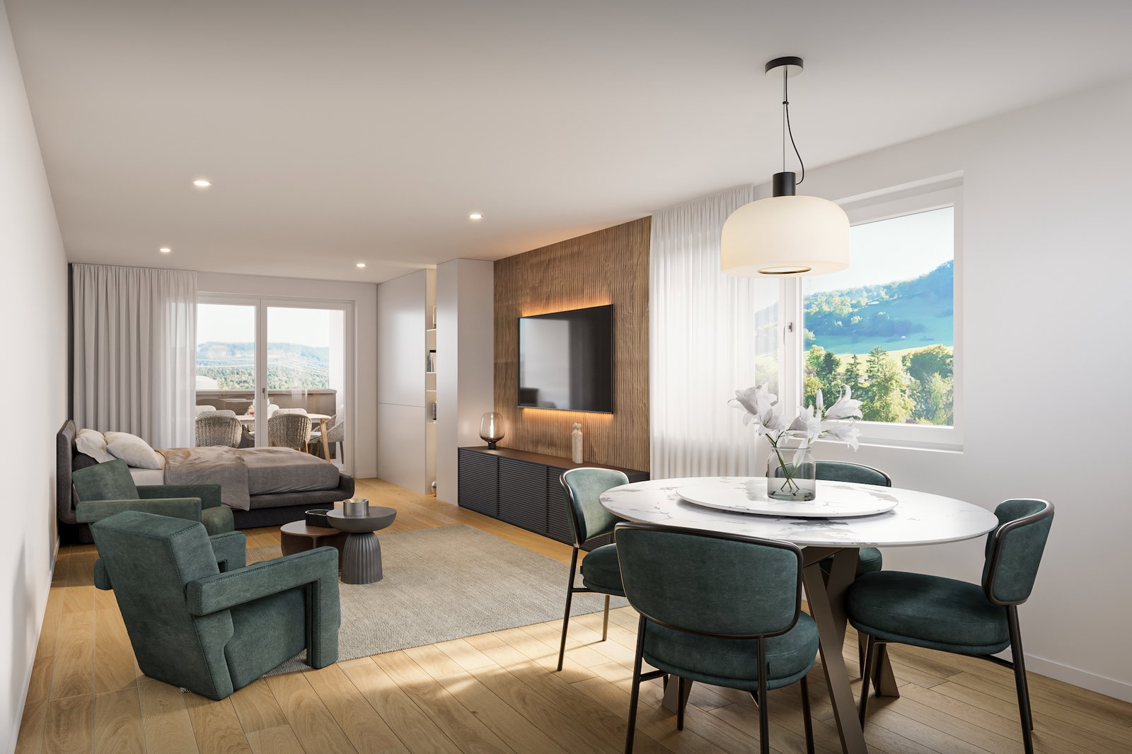 Modernes Wohn- und Esszimmer mit Aussicht