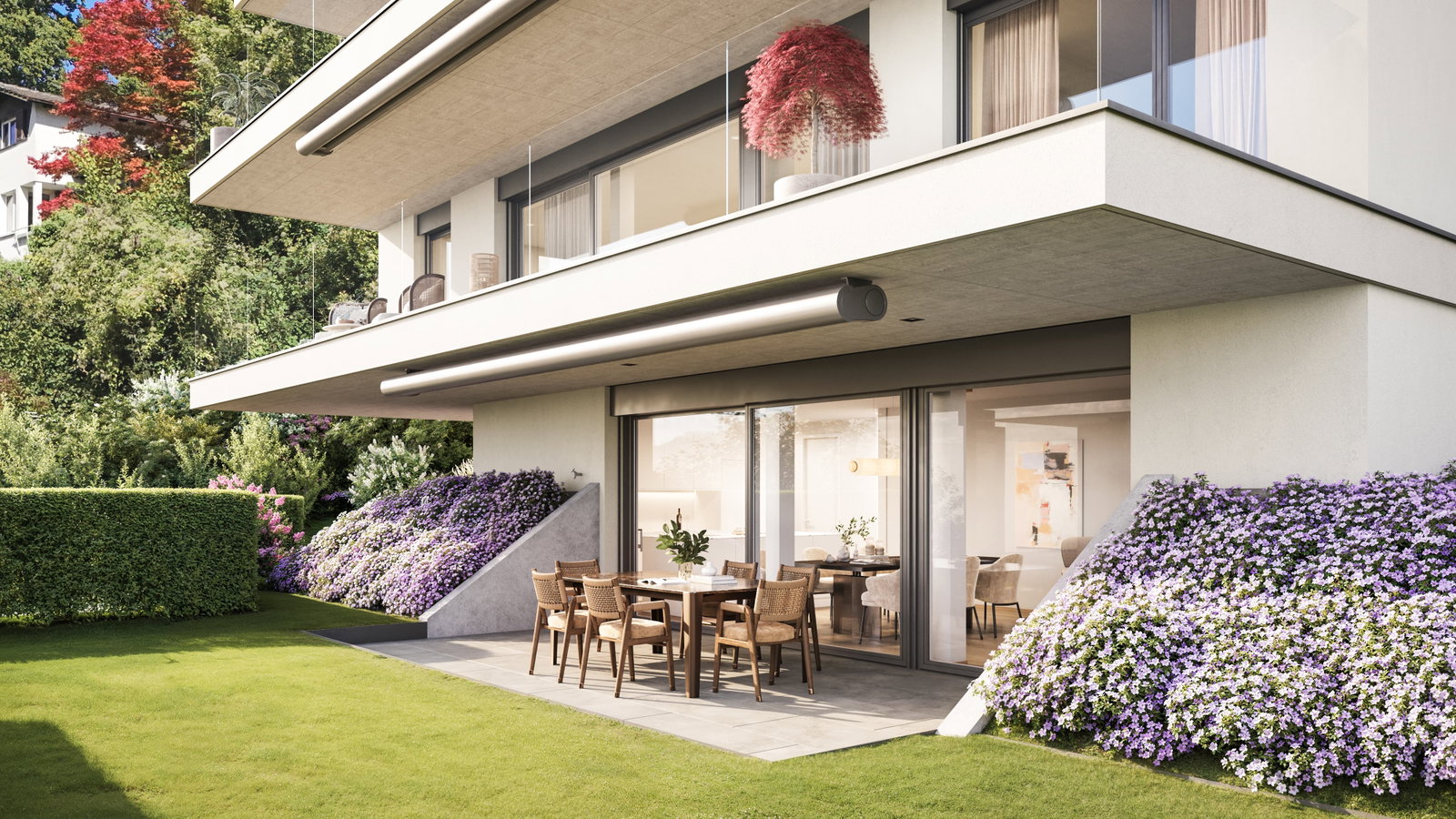 Moderne Gartenterrasse an einem Neubau