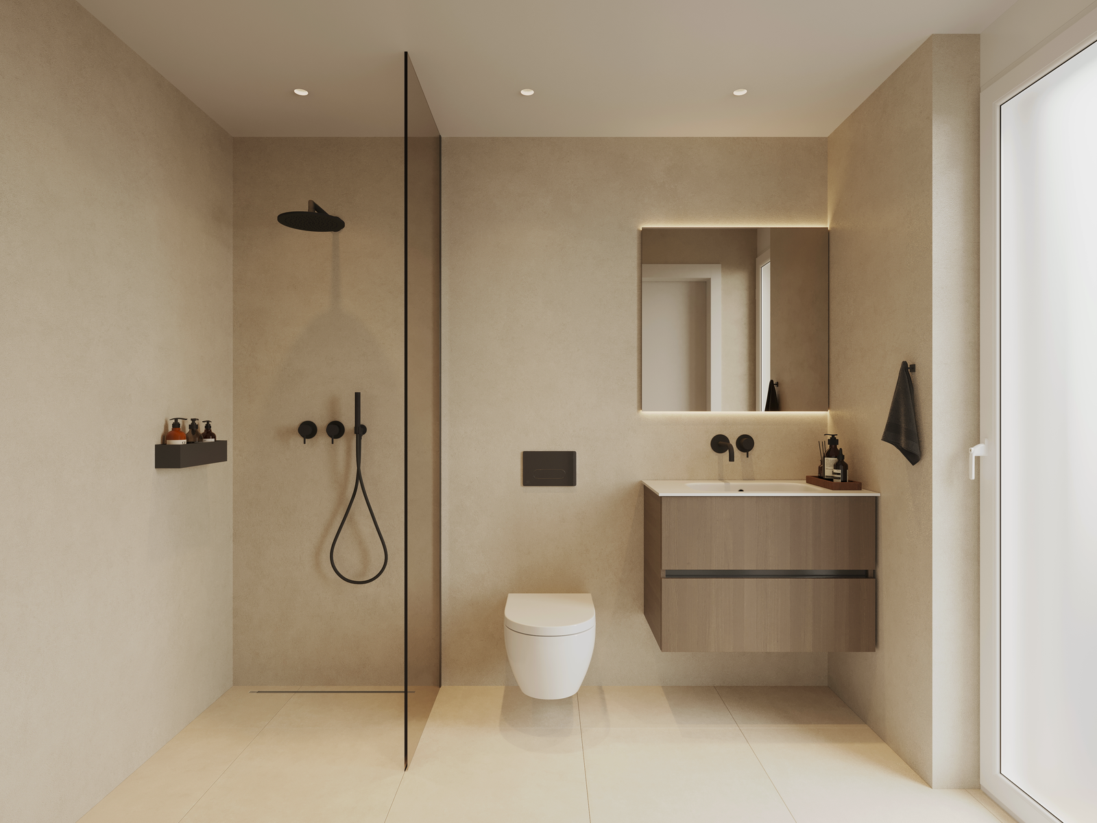 Modernes Badezimmer mit Walk-in-Dusche und Waschtisch