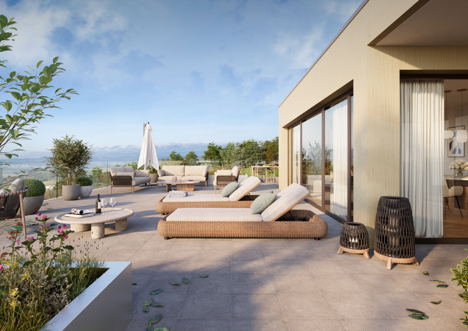 Großzügige Dachterrasse mit Lounge-Möbeln und Panoramablick