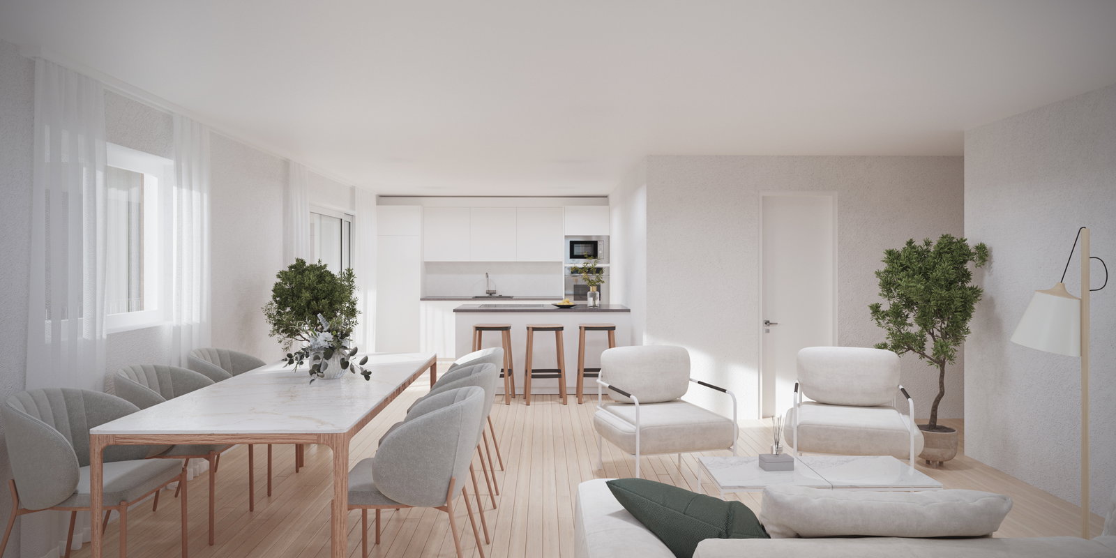 Helles, minimalistisches Wohn-Esszimmer mit offener Küche