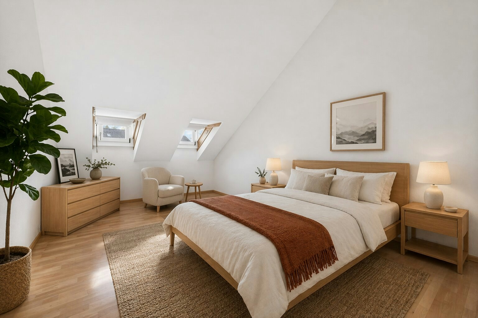 Helles Schlafzimmer mit Dachschrägen