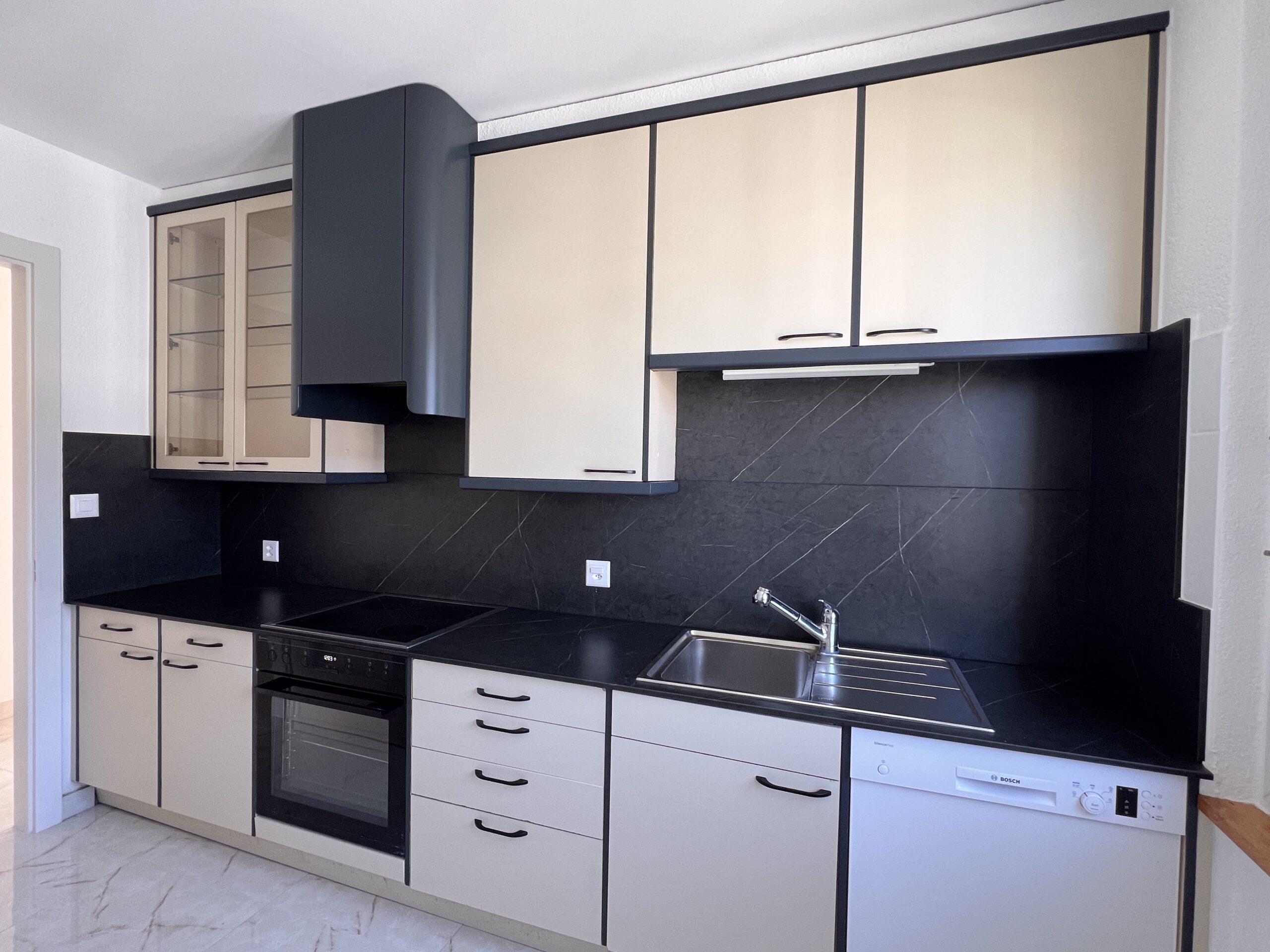 Moderne Einbauküche mit dunkler Rückwand