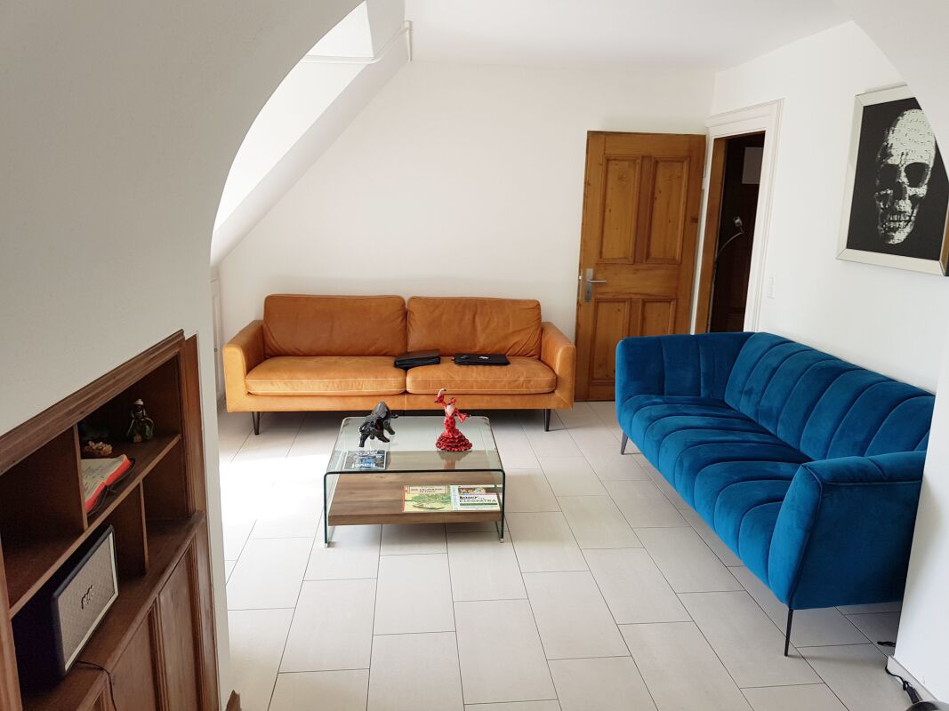 Wohnzimmer mit zwei Sofas und Glas-Couchtisch