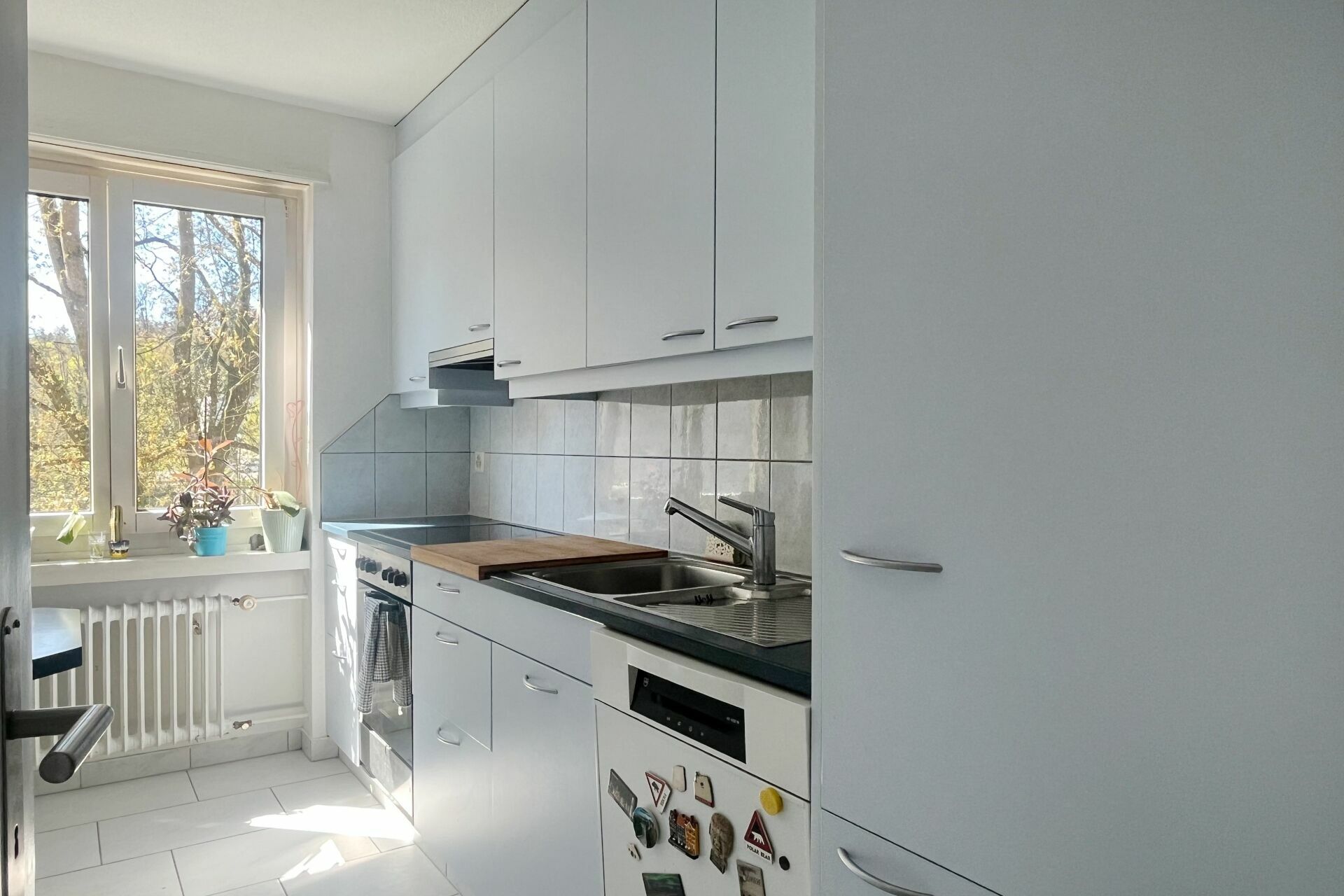 Helle, schmale Küche mit Fensterblick
