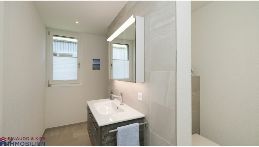 Modernes Badezimmer mit Waschtisch und Spiegelschrank