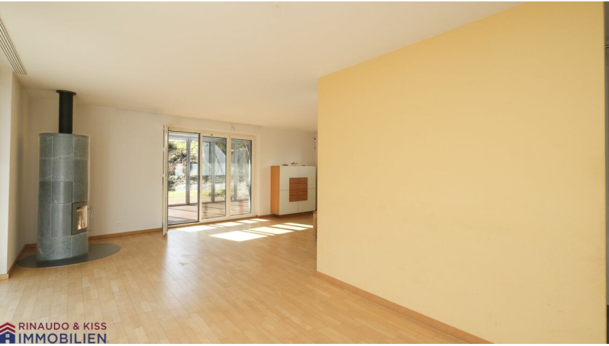 Heller Wohnraum mit Kamin und Terrassenzugang