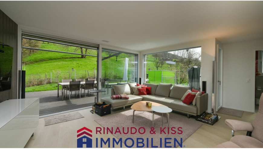Modernes Wohnzimmer mit großflächigen Glasfronten