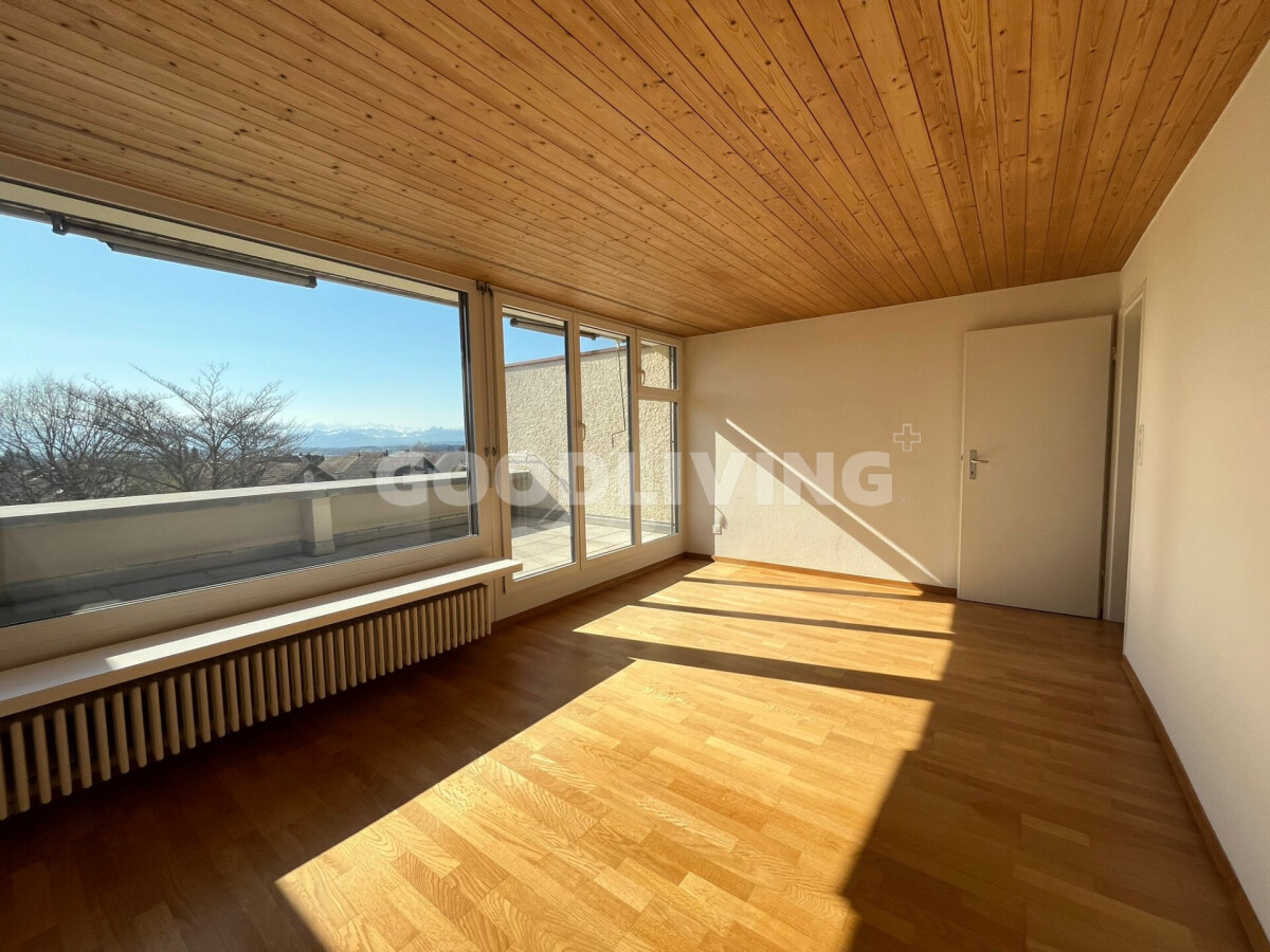 Heller leerer Wohnraum mit Holzdecke und großer Verglasung