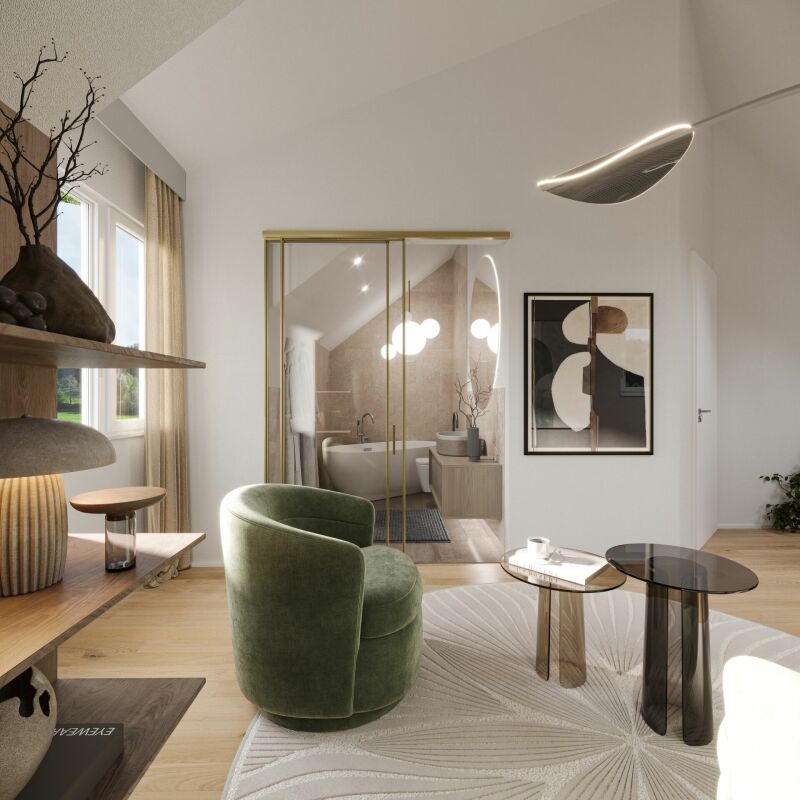 Stilvoll eingerichteter Wohnraum mit Blick ins Badezimmer