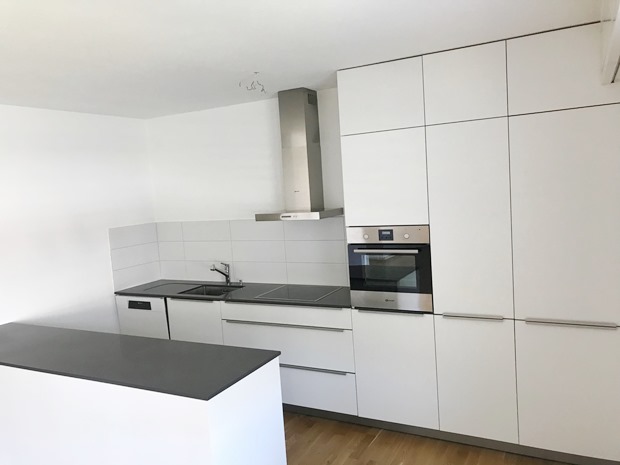 Moderne weiße Küche mit Kochinsel