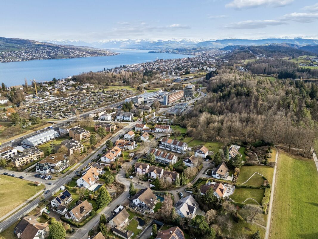 Luftaufnahme einer Seelandschaft mit Stadt, Wohngebieten und Bergen