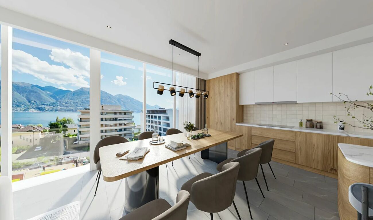 Modernes Wohn-Esszimmer mit Seeblick und offener Küche