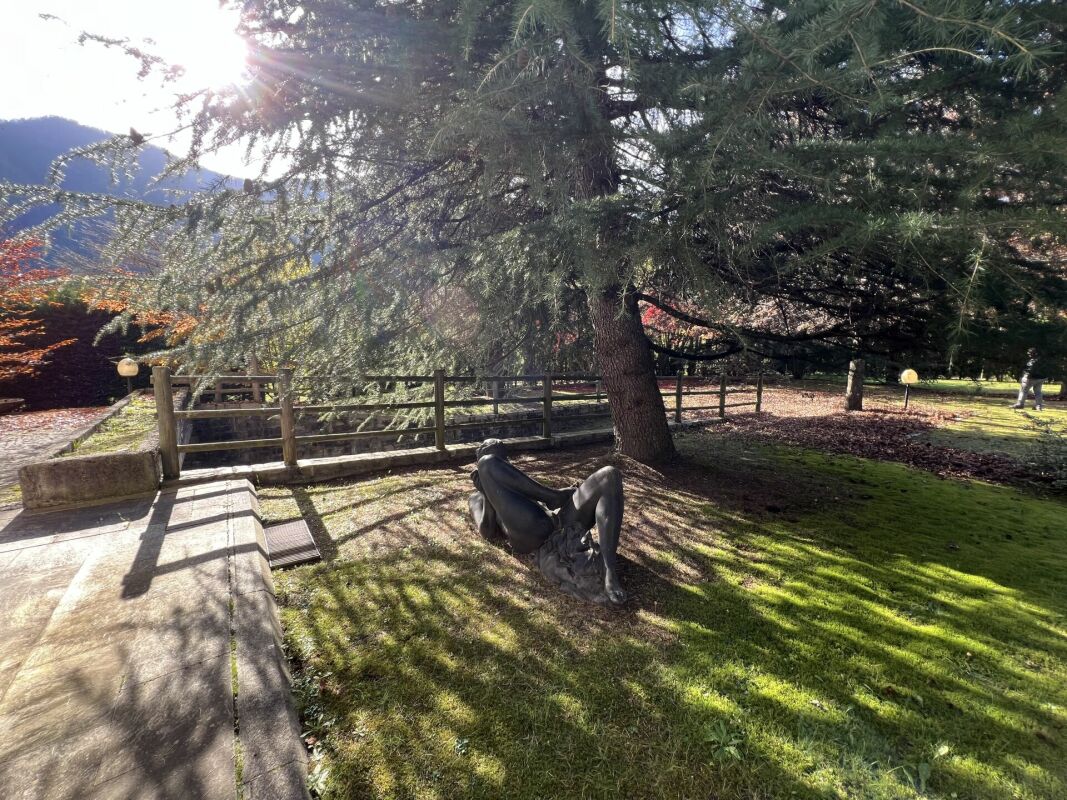 Garten mit Skulptur und großer Tanne
