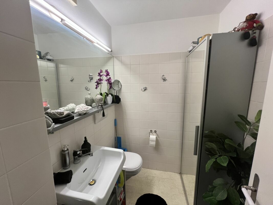 Kleines Badezimmer mit Dusche, Waschbecken und WC