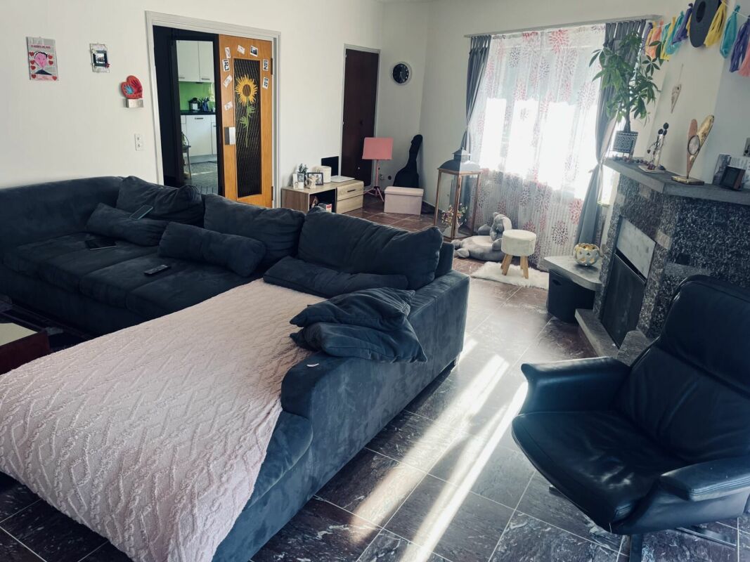 Gemütliches Wohnzimmer mit Kamin und großem Ecksofa