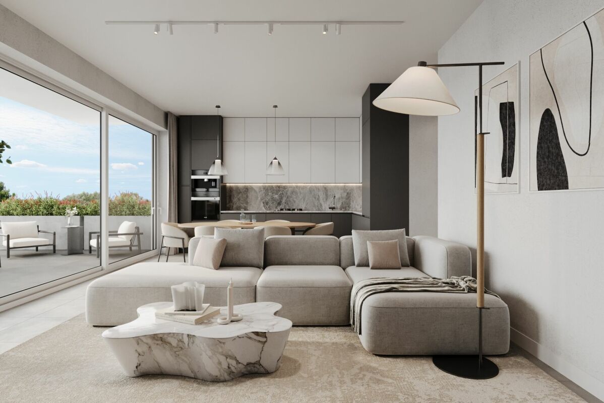 Moderne Wohnküche mit Terrasse