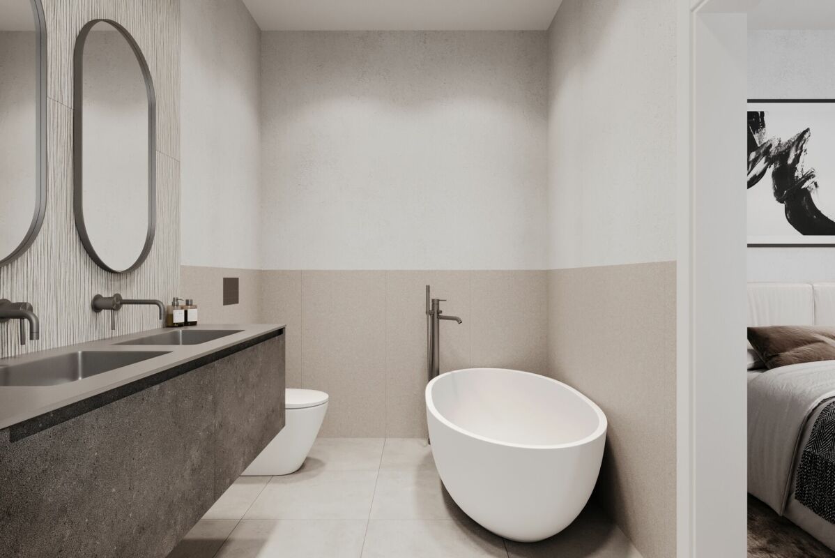 Modernes Badezimmer mit Doppelwaschtisch und freistehender Wanne
