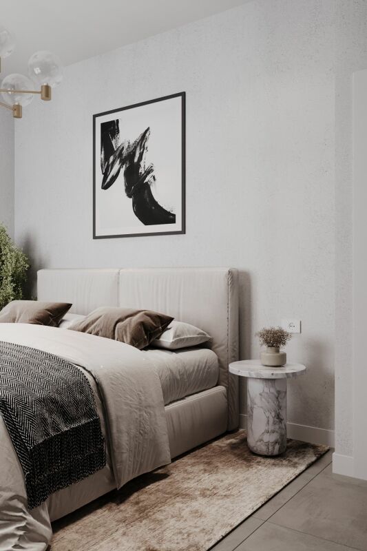 Modernes Schlafzimmer mit neutraler Einrichtung