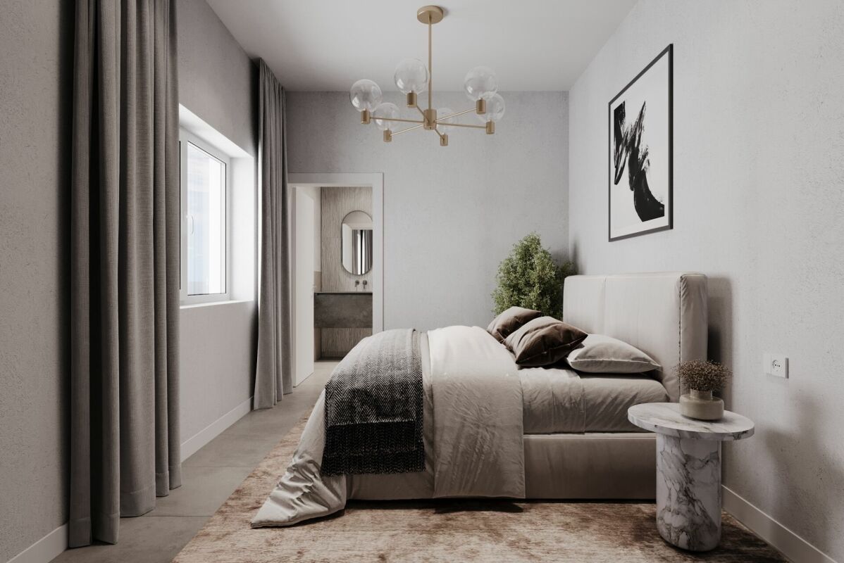 Modernes Schlafzimmer mit angrenzendem Bad
