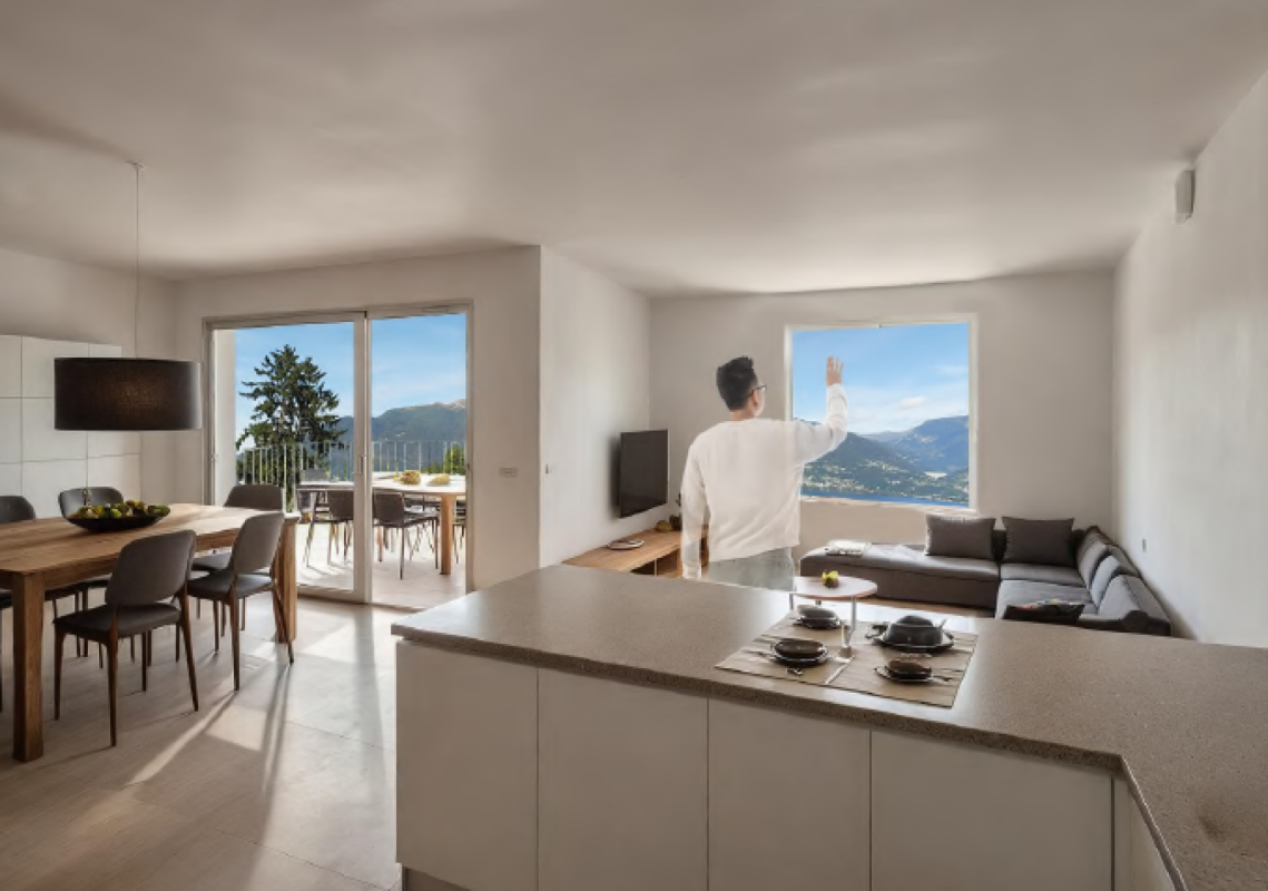 Wohn- und Essbereich mit Bergblick
