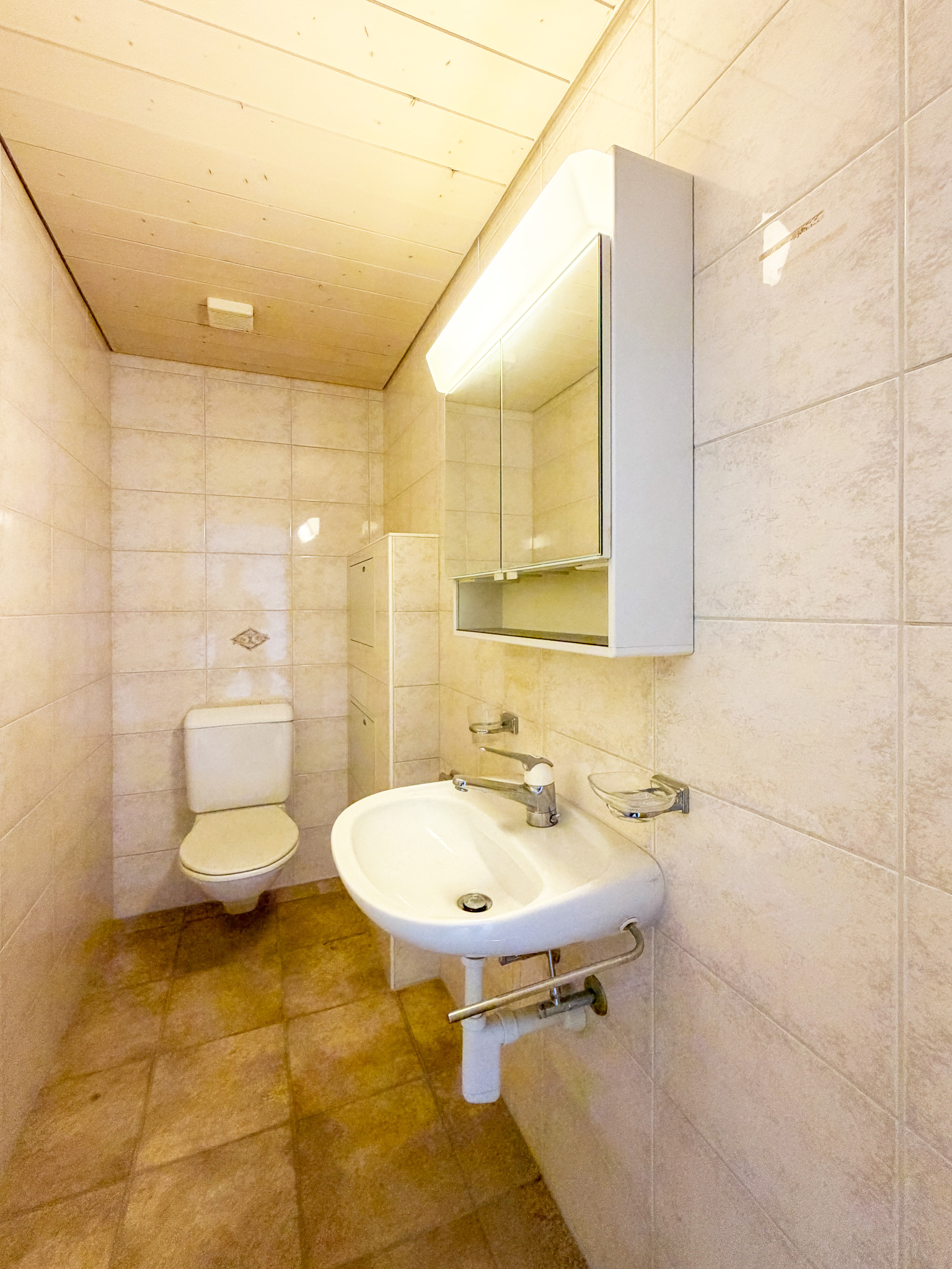Kleines Gäste-WC mit Waschbecken und Spiegelschrank