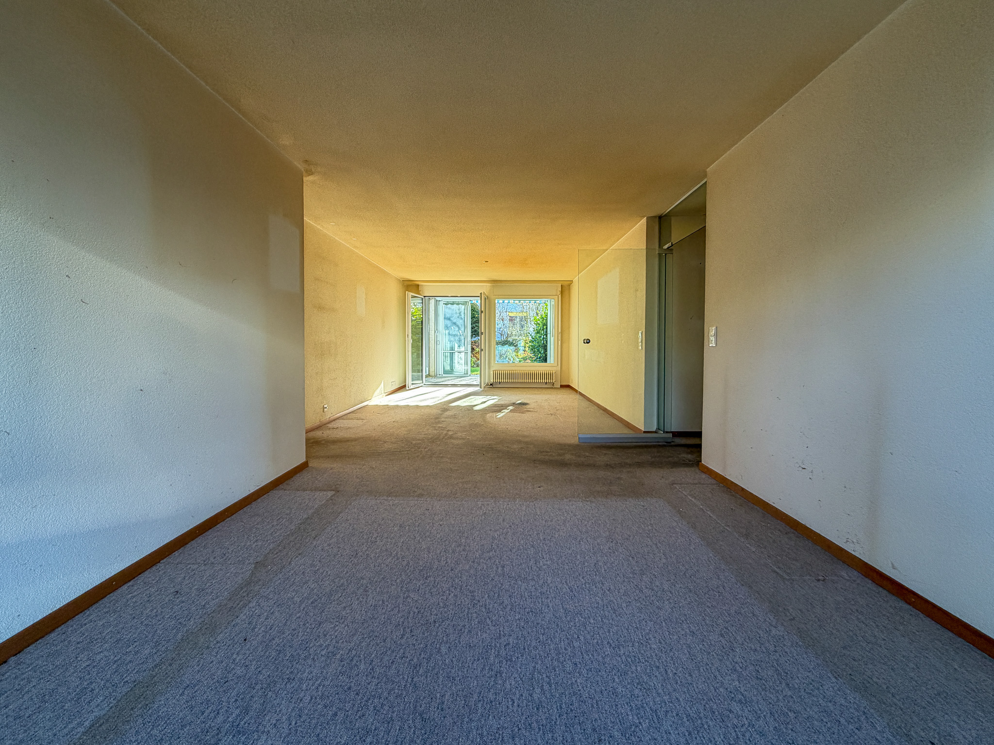 Langer leerer Wohnraum mit Teppichboden und Terrassentür