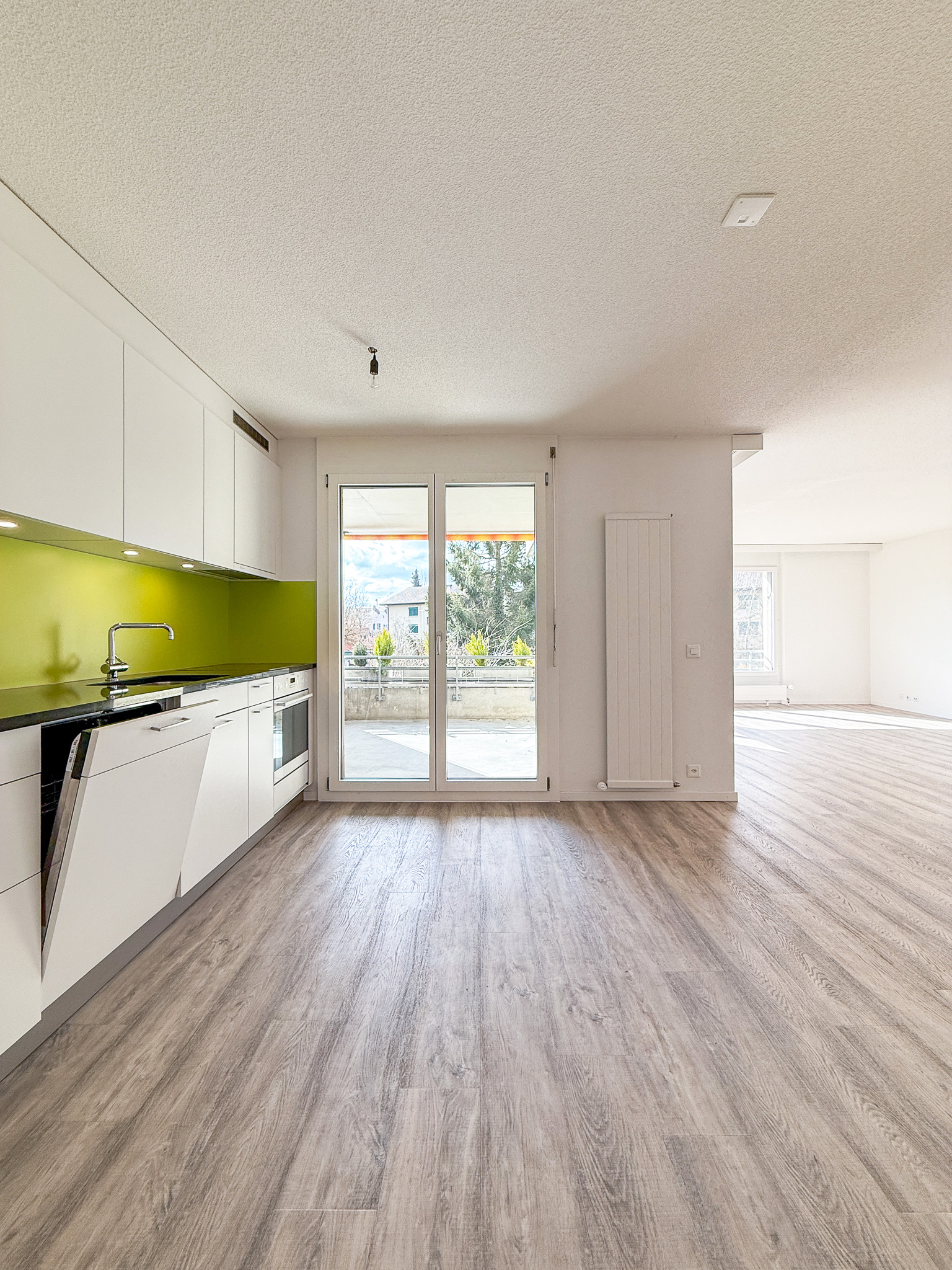 Moderne Küche mit Blick ins Wohnzimmer und Balkon