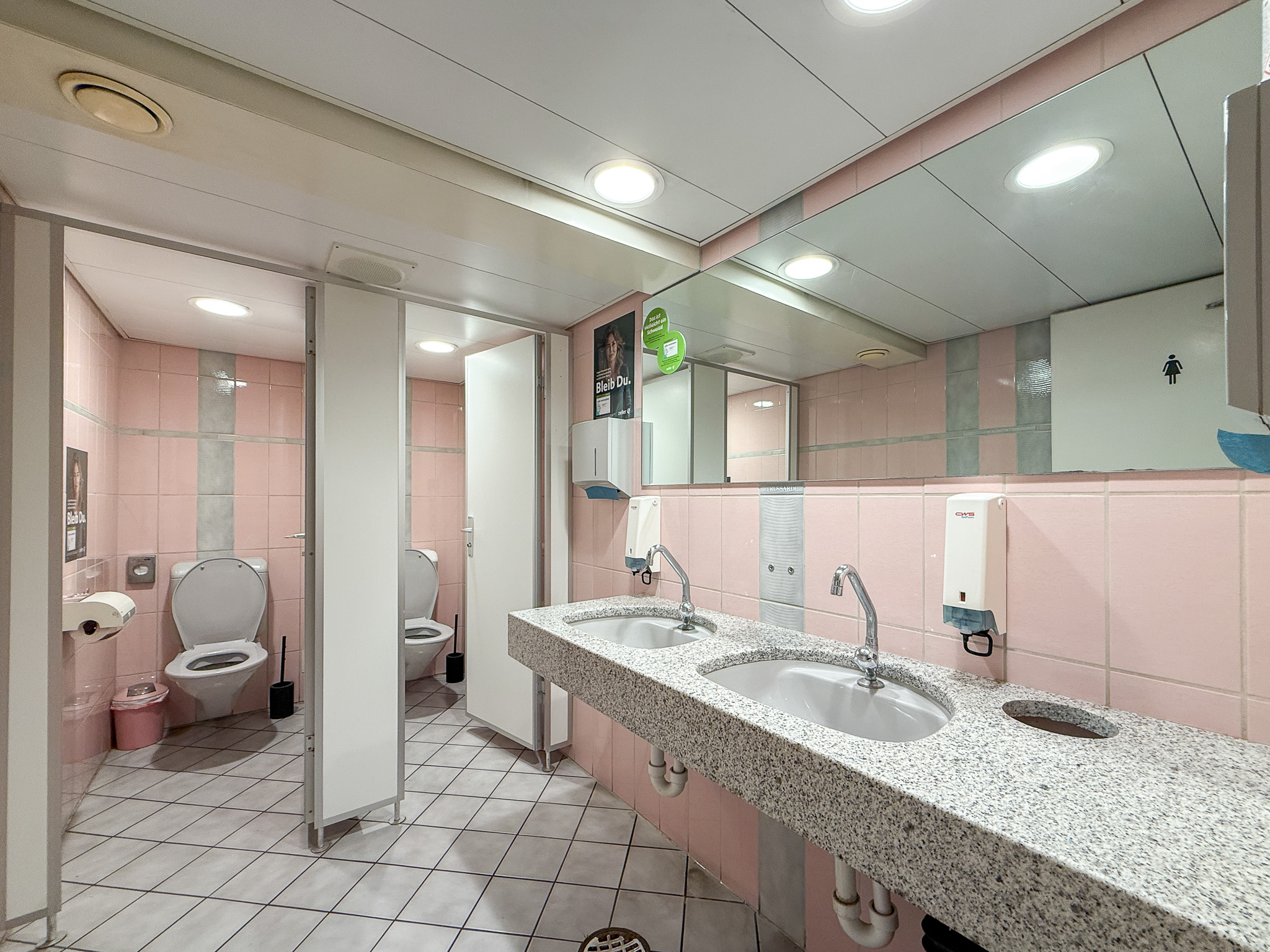 Öffentliches Sanitärbad mit Doppelwaschbecken